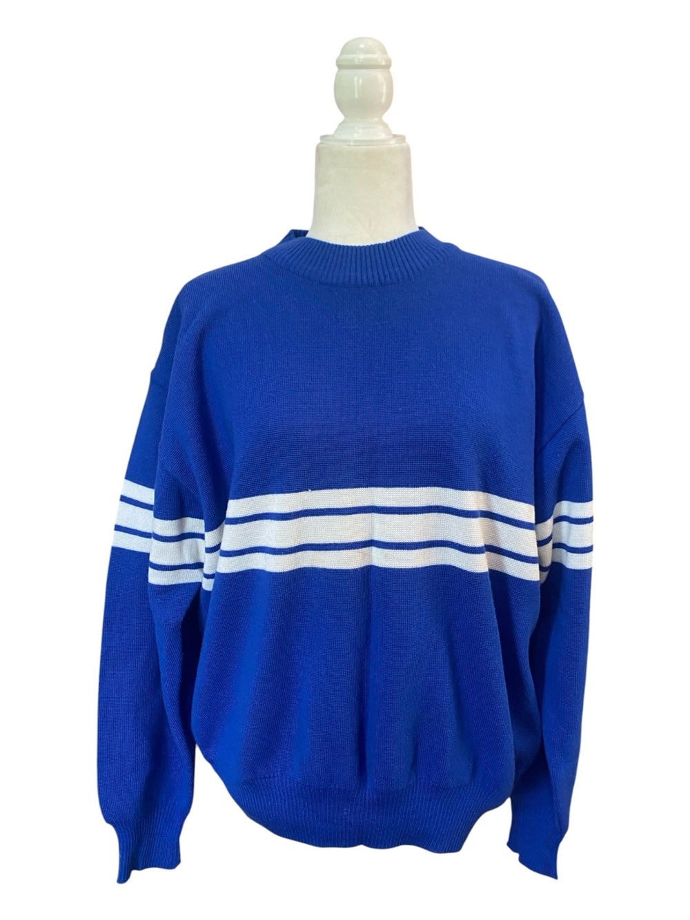 Obermeyer Mens Blue White Striped Crewneck Knit Pullover Sweater